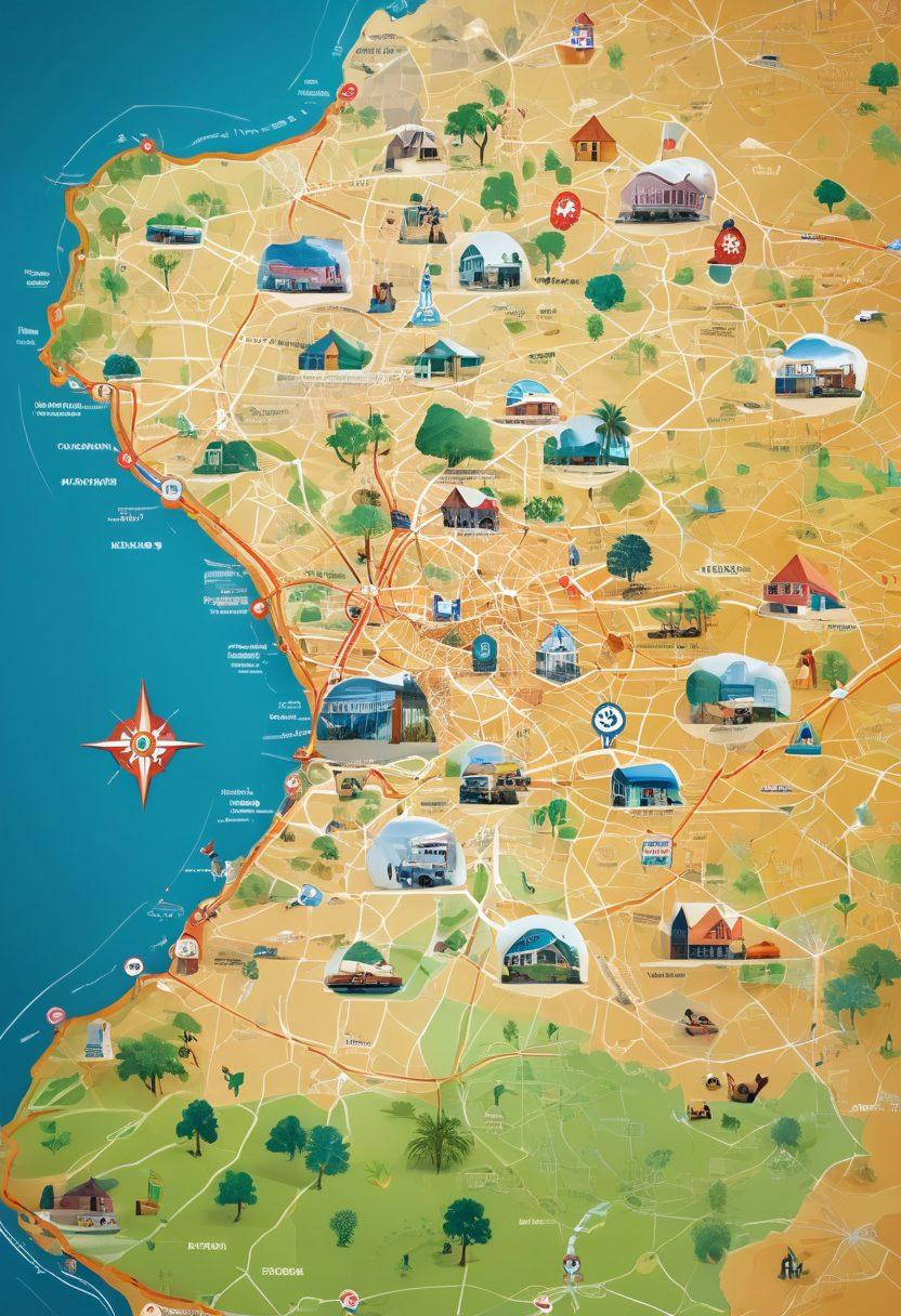 An elaborate map of Paraguay highlighting various insurance coverage options with icons representing online services and affordable plans. Include a compass for navigation, digital platforms depicted as interconnected lines, and a diverse group of people exploring the map with tablets and laptops. The background features a blend of Paraguay's landscapes and urban spaces, symbolizing accessibility and diversity in insurance. vibrant colors. super-realistic. modern design.