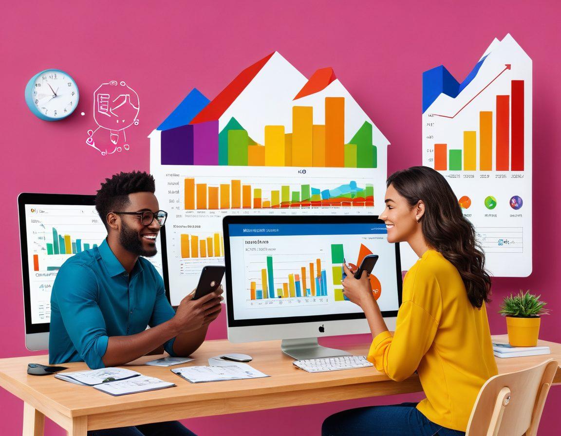 A split-screen design showing two shoppers at their computers comparing insurance plans. On one side, a woman focused on her laptop with graphs and policy options displayed on the screen, while the other side showcases a man comparing prices on a smartphone. Include visual elements like insurance icons (house, car, health) floating around and a colorful bar chart illustrating price comparisons in the background. cartoon style. vibrant colors. 3D elements.